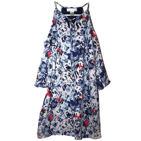 Kelly Renee Cold Shoulder Shift Dress Women's Small Front Tie Blue & Pink Floral - Picture 1 of 4